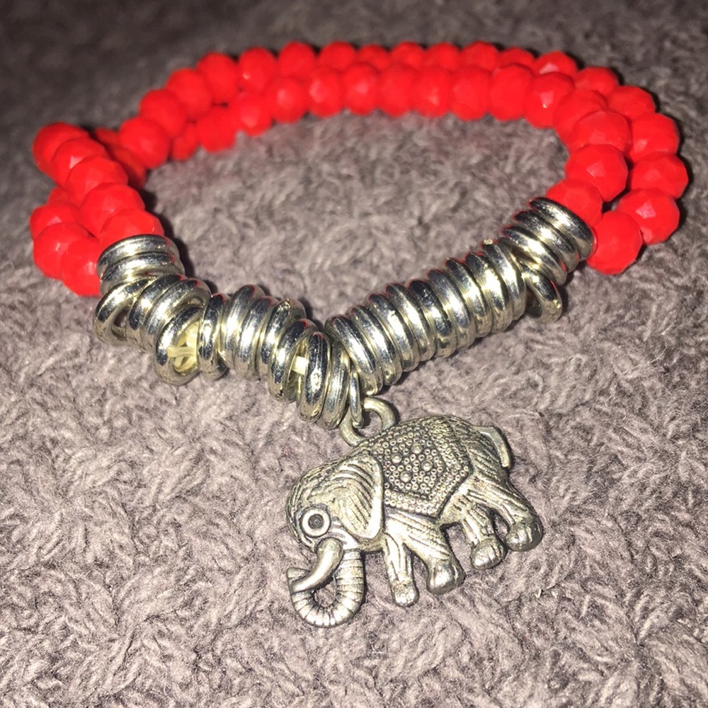 Double Strand Red Beaded Multi Silver Adjoining Rings Elephant Charm